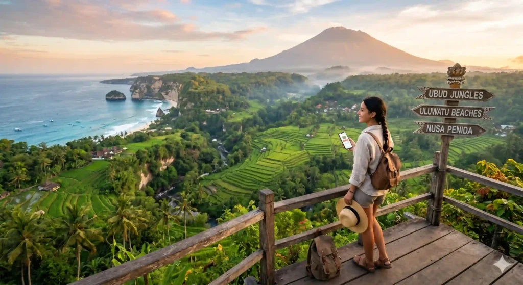 A traveler admiring a panoramic view of Bali's coastline, lush green rice terraces, and a towering volcano, representing a complete Bali travel guide for 2026