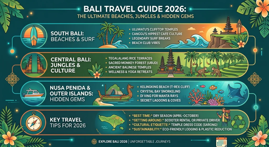 An infographic outlining a 2026 Bali travel guide, categorized by South Bali beaches and surf, Central Bali jungles and culture, Nusa Penida hidden gems, and essential travel tips for the year.