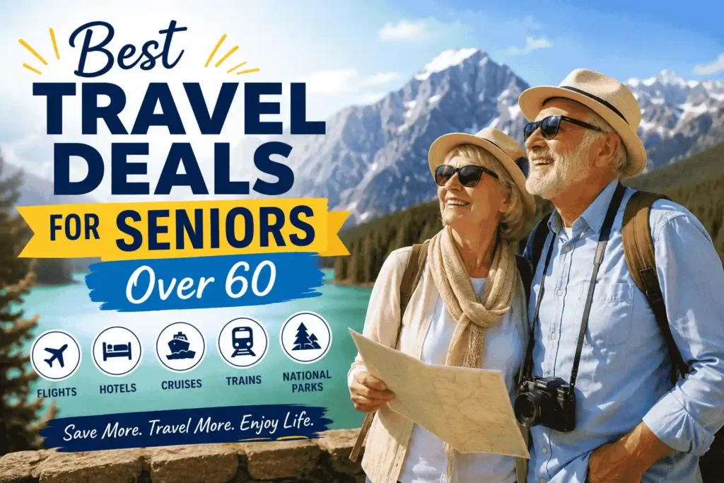 Featured image promoting the best travel deals for seniors over 60, showing a smiling senior couple with a map in a scenic mountain destination. The image highlights discounts on flights, hotels, cruises, train travel, and national park vacations, encouraging affordable and enjoyable travel experiences for older adults.