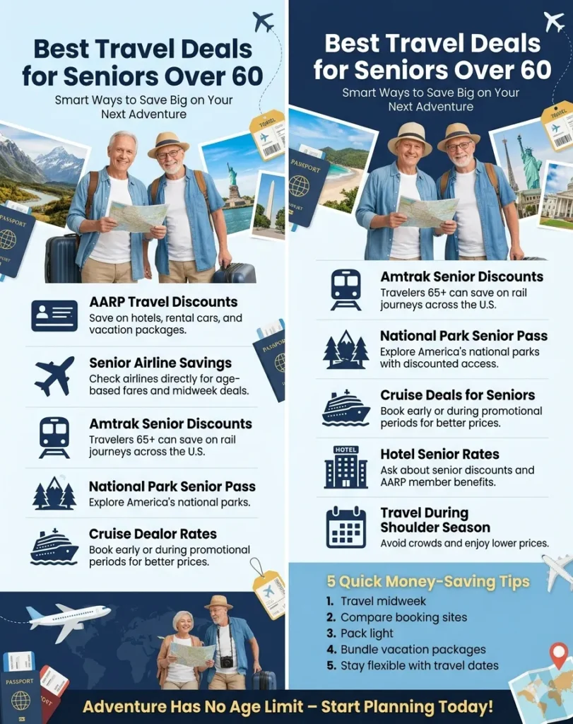 A detailed infographic titled "Best Travel Deals for Seniors Over 60" featuring senior travel savings opportunities such as AARP travel discounts, senior airline fares, Amtrak rail discounts, national park senior passes, cruise promotions, hotel senior rates, shoulder season travel strategies, and practical tips for reducing vacation costs. The image includes senior travelers, travel documents, destination photos, and transportation icons.