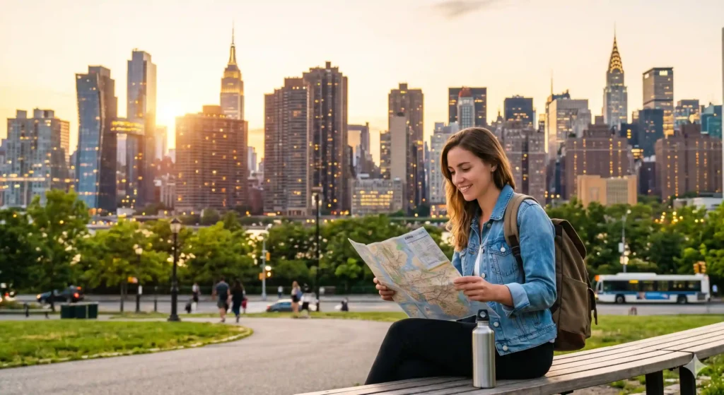 A happy female traveler with a backpack and a reusable water bottle sits on a park bench reading a transit map, with a glowing New York City skyline in the background, representing budget travel in expensive US cities.