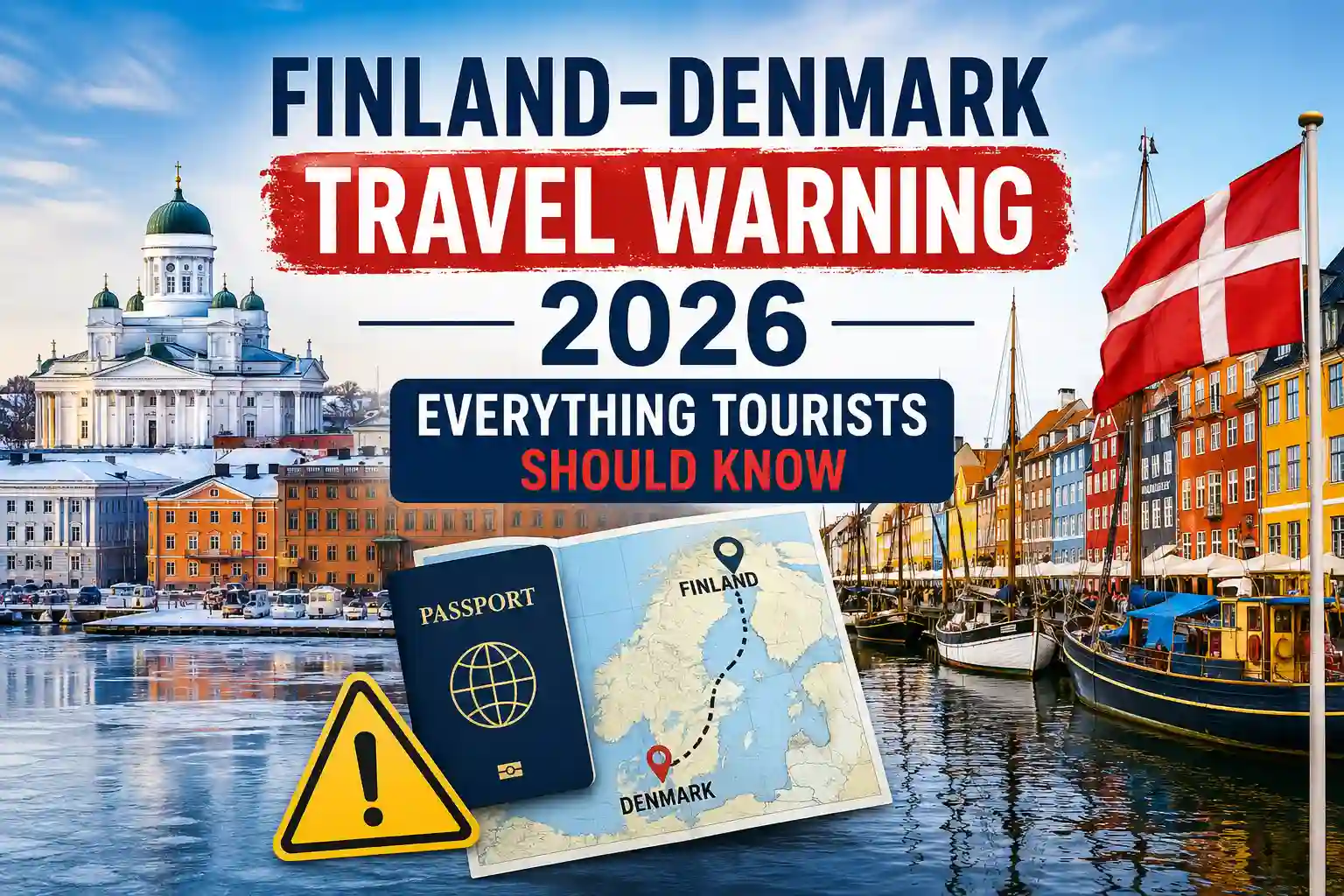Illustration showing Finland and Denmark travel warning 2026 with Helsinki Cathedral, Copenhagen Nyhavn, passport, travel map, and tourist safety advisory for international travelers.