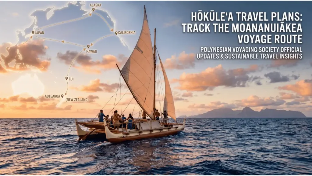 The traditional Polynesian canoe Hōkūleʻa sailing at sunset, featuring a glowing overlay of the Moananuiākea voyage route and a current location map tracking its Pacific circumnavigation itinerary.