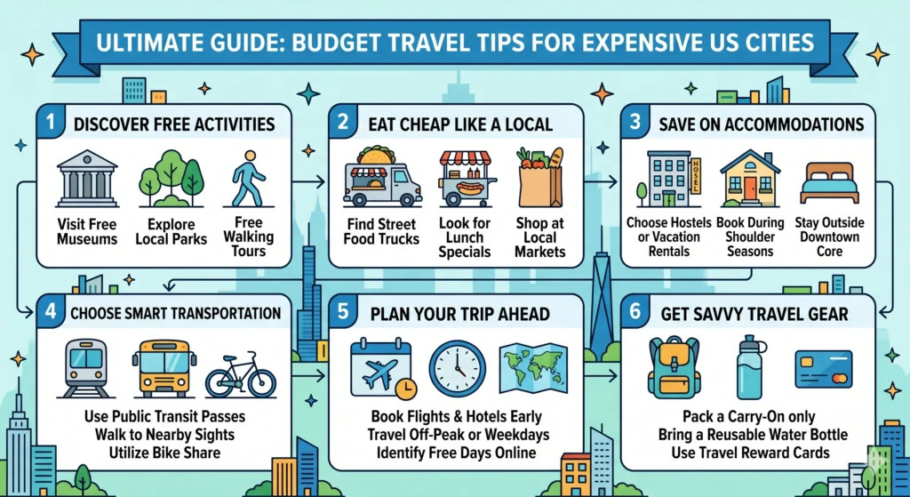 A detailed infographic titled "Ultimate Guide: Budget Travel Tips for Expensive US Cities." It highlights six main strategies using colorful icons: 1. Discover Free Activities like museums and parks, 2. Eat Cheap Like a Local using food trucks, 3. Save on Accommodations by choosing hostels, 4. Choose Smart Transportation like public transit, 5. Plan Your Trip Ahead, and 6. Get Savvy Travel Gear like carry-ons and reusable water bottles.