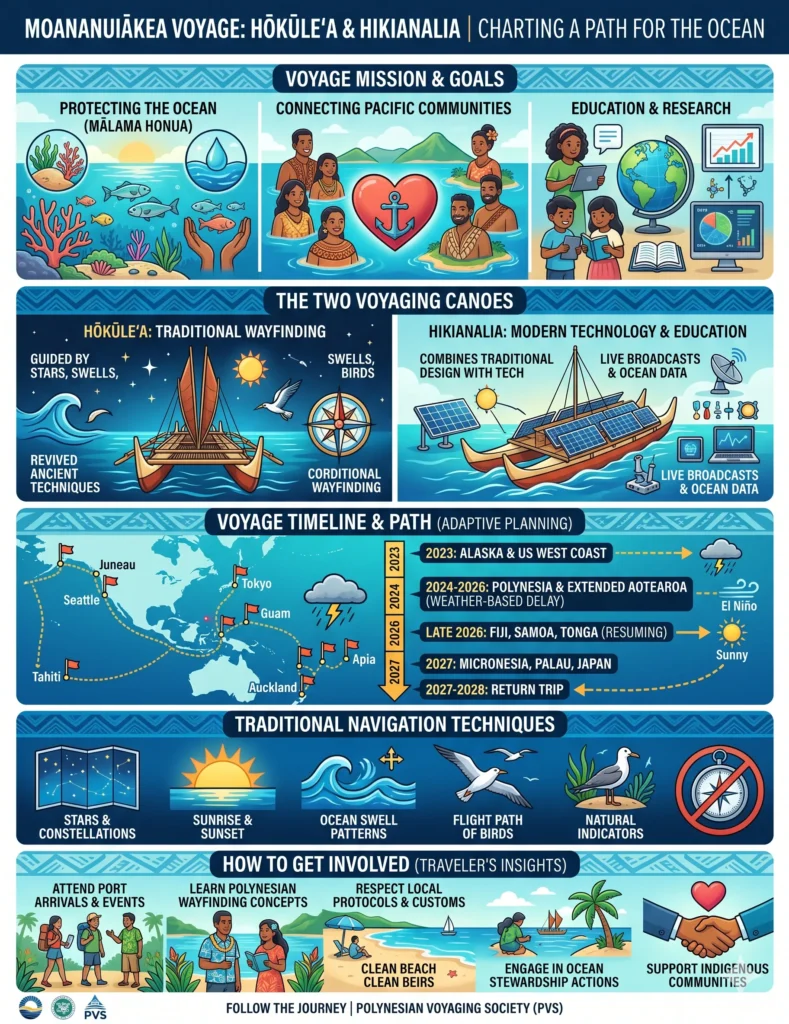 A detailed educational infographic explaining the Polynesian Voyaging Society schedule, the difference between the Hōkūleʻa and Hikianalia sail plans, traditional star navigation techniques, and the adjusted Pacific circumnavigation timeline.