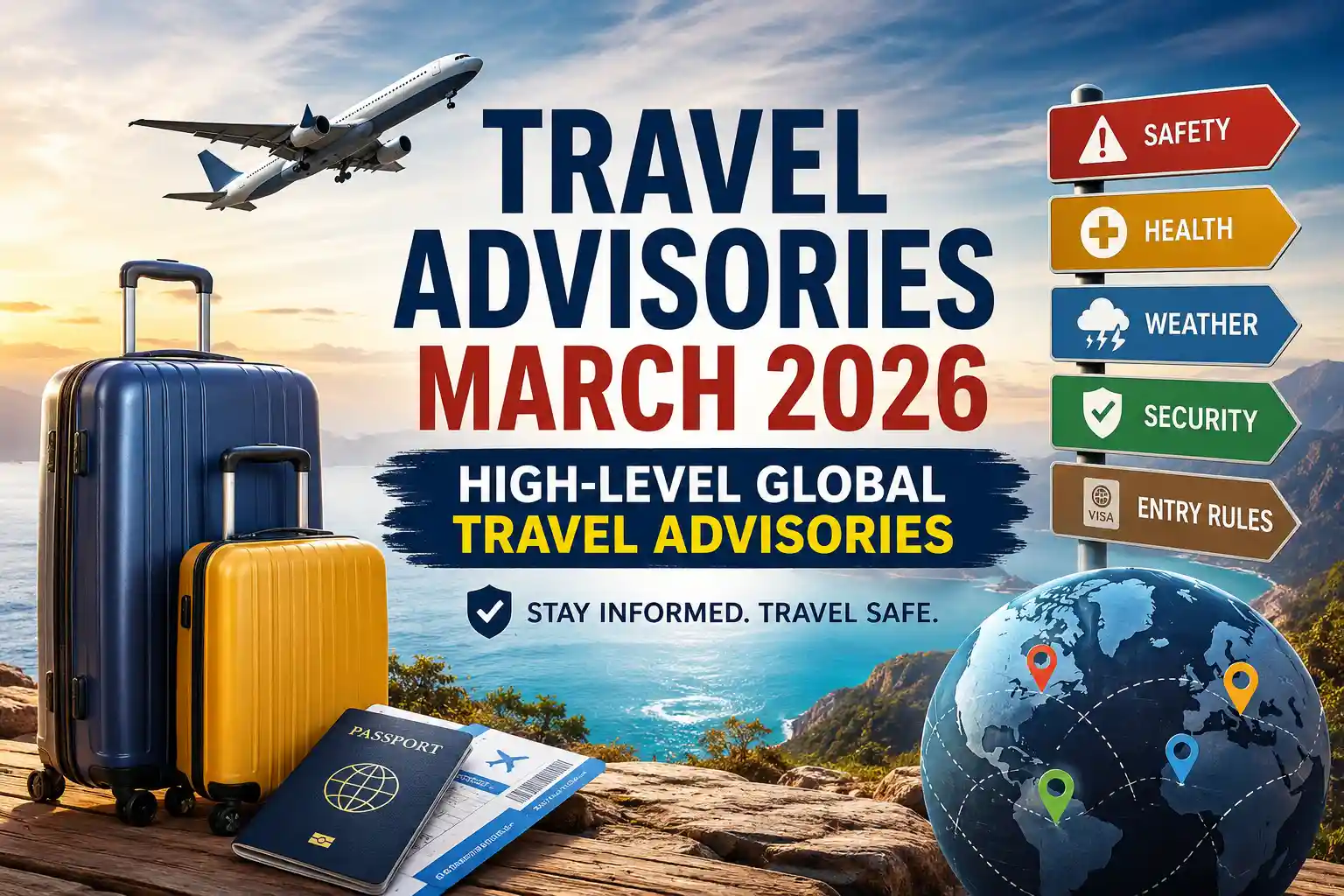 Travel Advisories March 2026 featured image showing airplane, luggage, passport, globe, and signs for safety, health, weather, security, and visa entry rules.