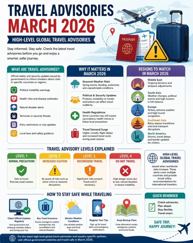 Travel Advisories March 2026 infographic explaining global travel advisory levels, travel safety risks, weather alerts, security concerns, regional travel updates, visa restrictions, and safe travel tips for international travelers.