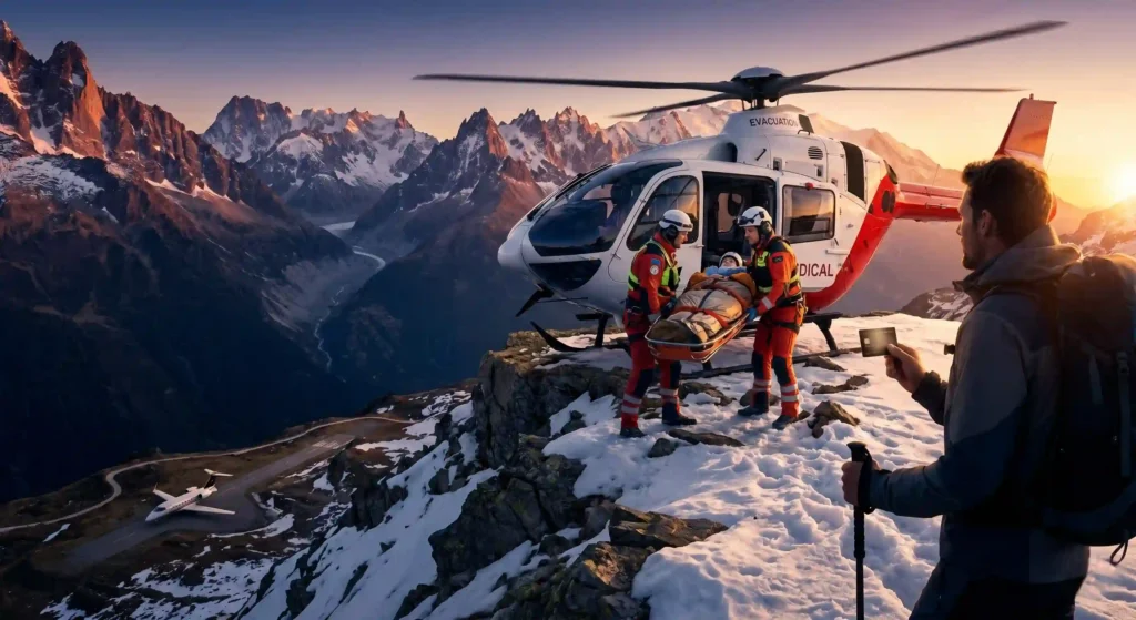 A medical rescue team loading a traveler into an emergency evacuation helicopter in the snowy mountains, illustrating field rescue services for a travel evacuation membership plan.