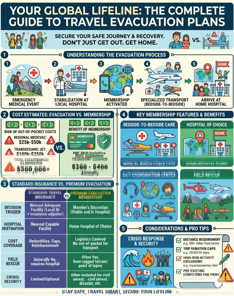 Infographic comparing travel evacuation membership plans versus standard travel insurance, highlighting hospital of choice transfers, air ambulance costs, and medevac benefits.